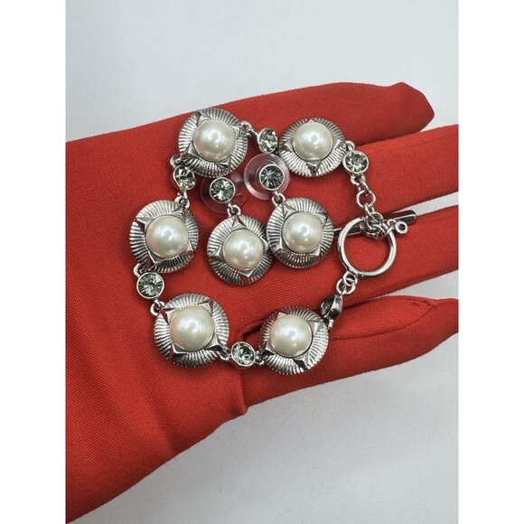 Stunning Givenchy Faux Pearl And Crystals  Silver Tone Bracelet And Earrings Set - Picture 1 of 15